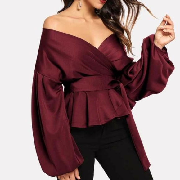 SHEIN Tops - Lantern Sleeve Belted Wrap Off the Shoulder Top